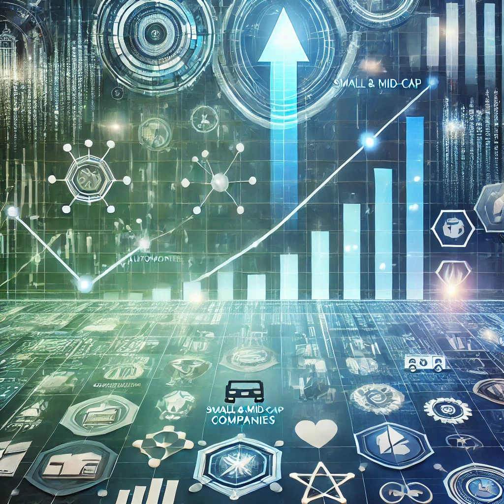 Illustration of stock market growth with graphs and industry symbols in blue and green hues.