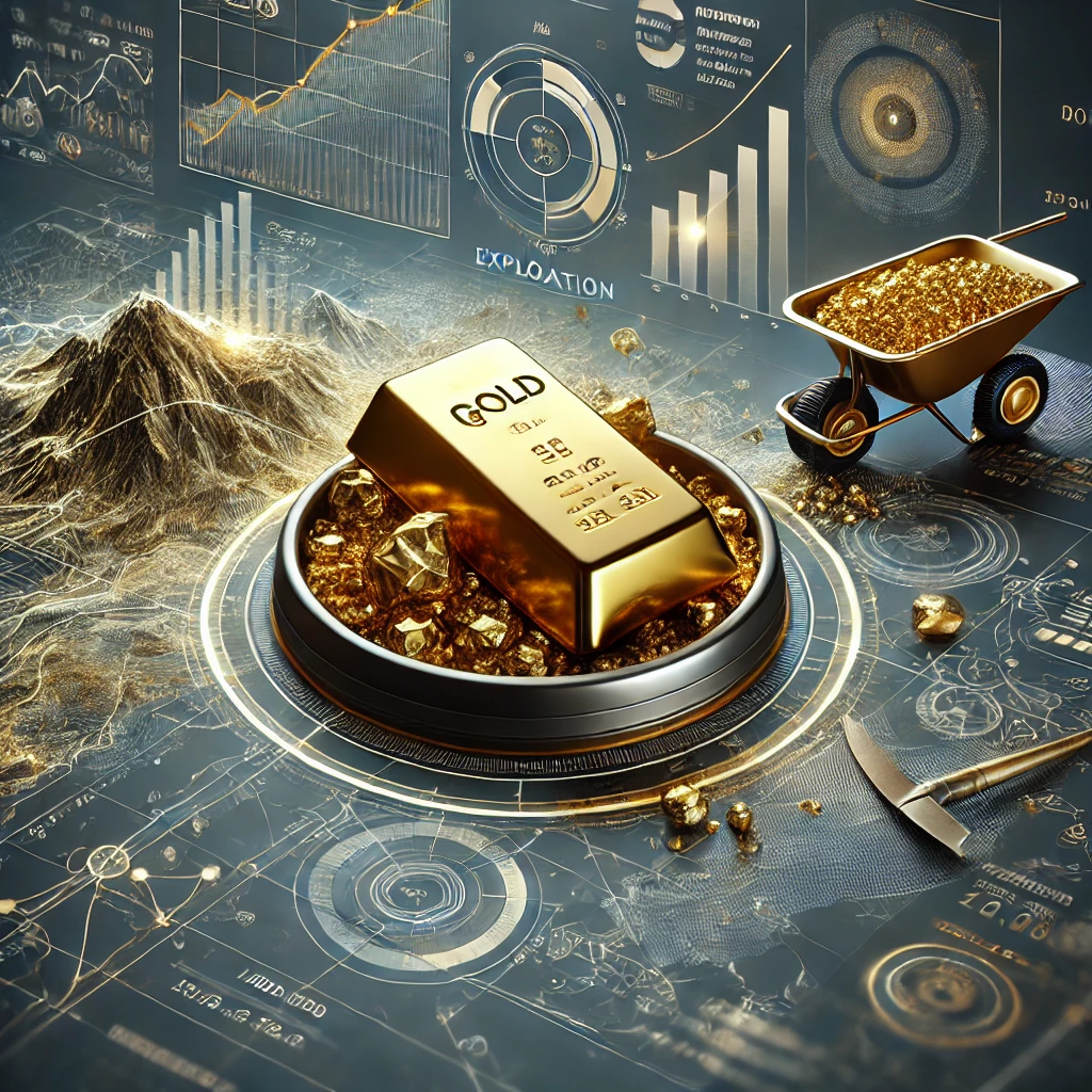 Illustration of gold mining tools, a nugget, and financial charts symbolizing investment opportunities in gold exploration.