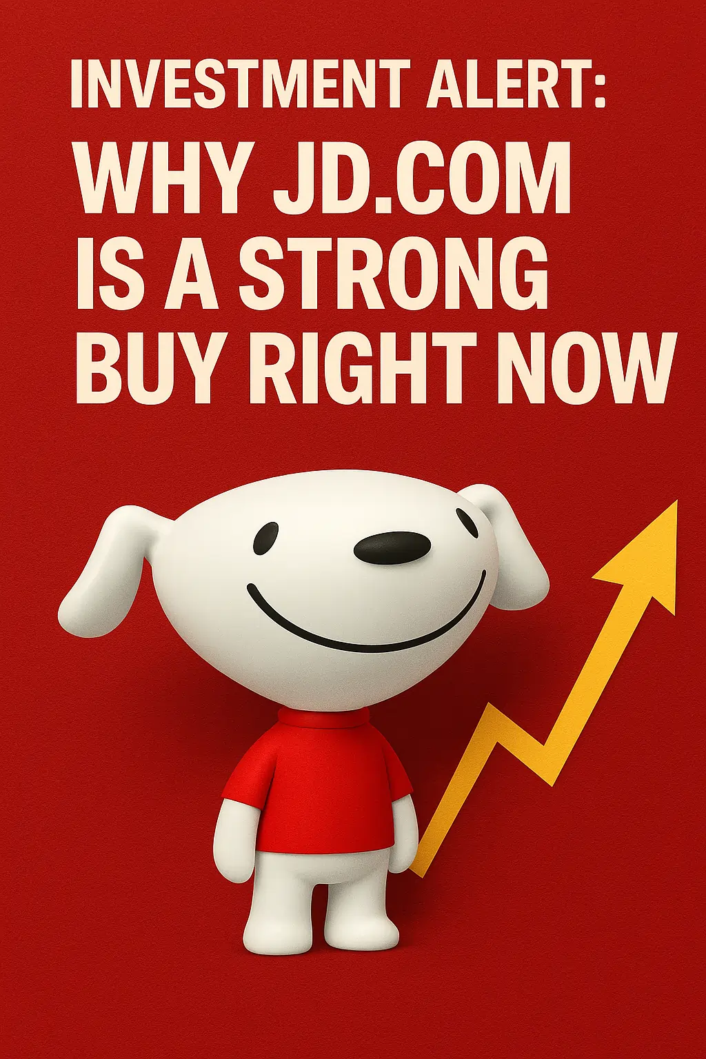 A vibrant promotional graphic on a red background featuring an investment alert for JD.com. The top text reads "INVESTMENT ALERT: WHY JD.COM IS A STRONG BUY RIGHT NOW" in bold capital letters. Below, JD.com's smiling white dog mascot wearing a red shirt stands next to an upward-pointing yellow arrow, symbolizing strong stock growth.