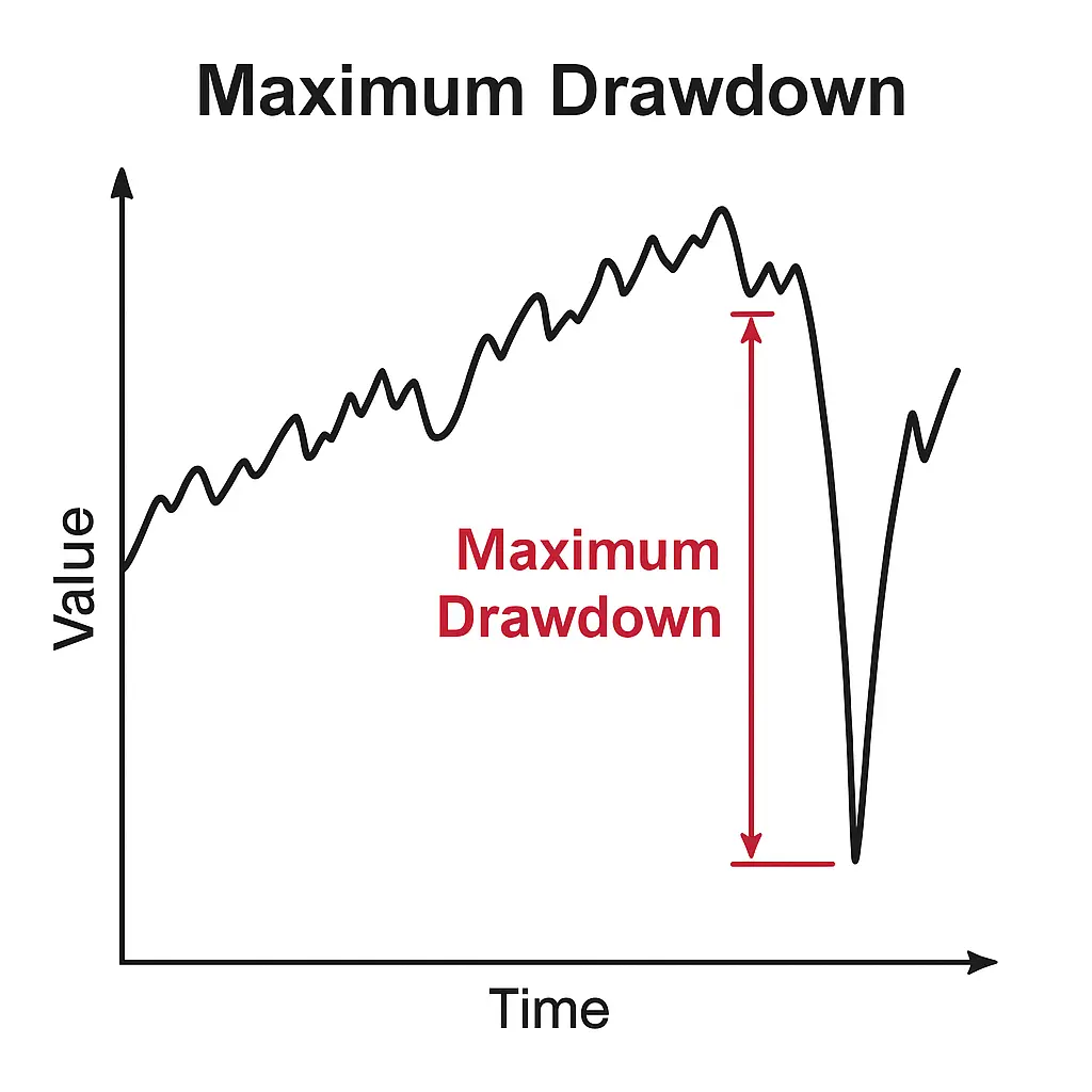 Line chart showing a portfolio’s value over time with a sharp decline labeled “Maximum Drawdown,” highlighting the largest peak-to-trough loss.