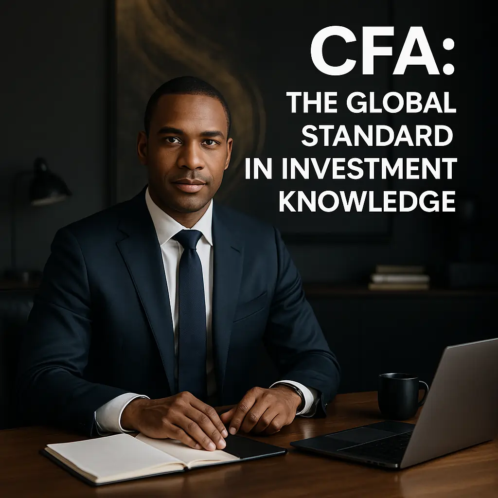 A confident finance professional in a dark modern office, seated at a desk with a laptop and notebook, with minimalist text reading “CFA: The Global Standard in Investment Knowledge.”