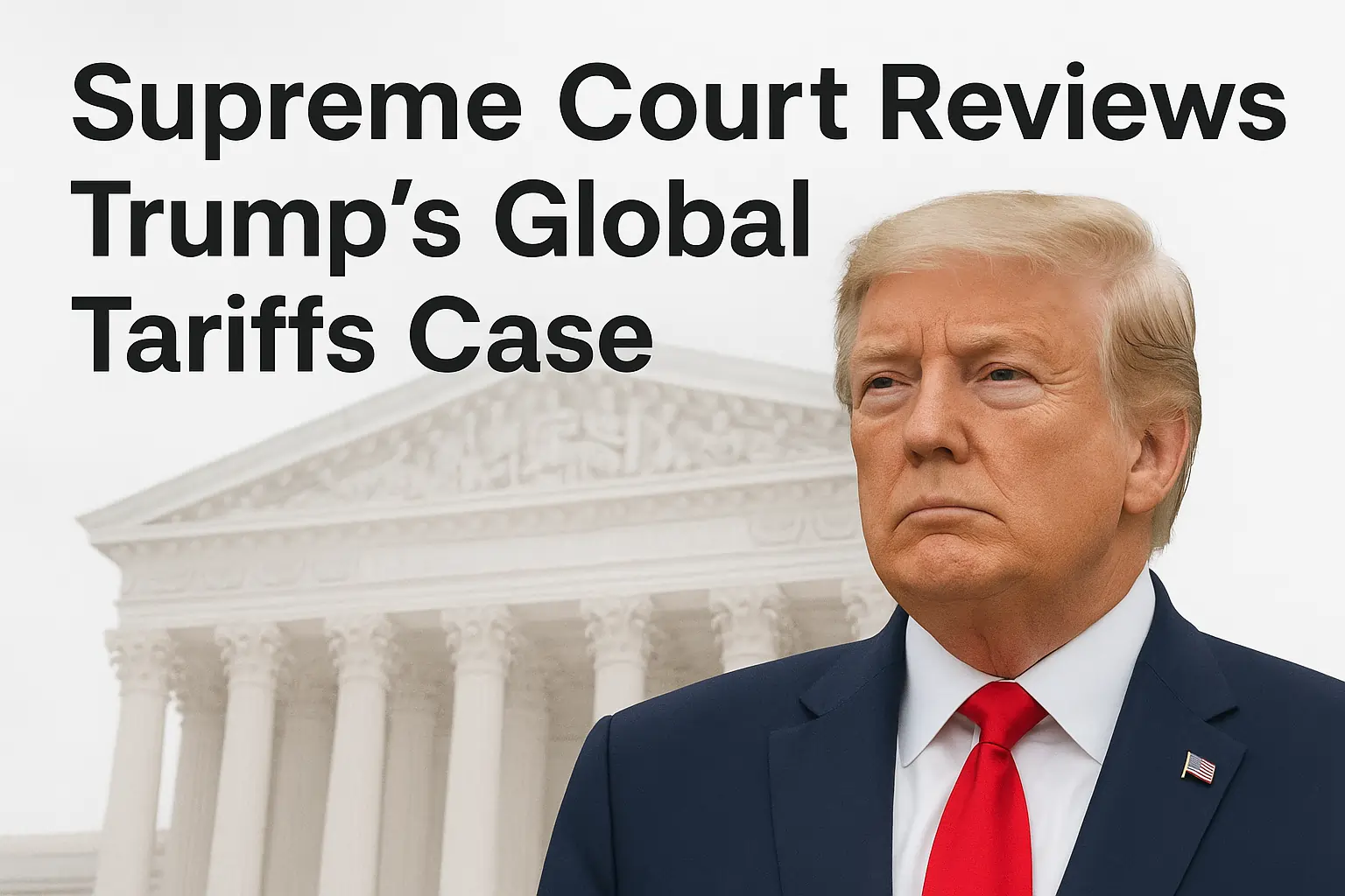 Supreme Court Reviews Trump’s Global Tariffs Case Donald Trump stands in front of the U.S. Supreme Court building wearing a navy suit and red tie, with the headline “Supreme Court Reviews Trump’s Global Tariffs Case” displayed above him.