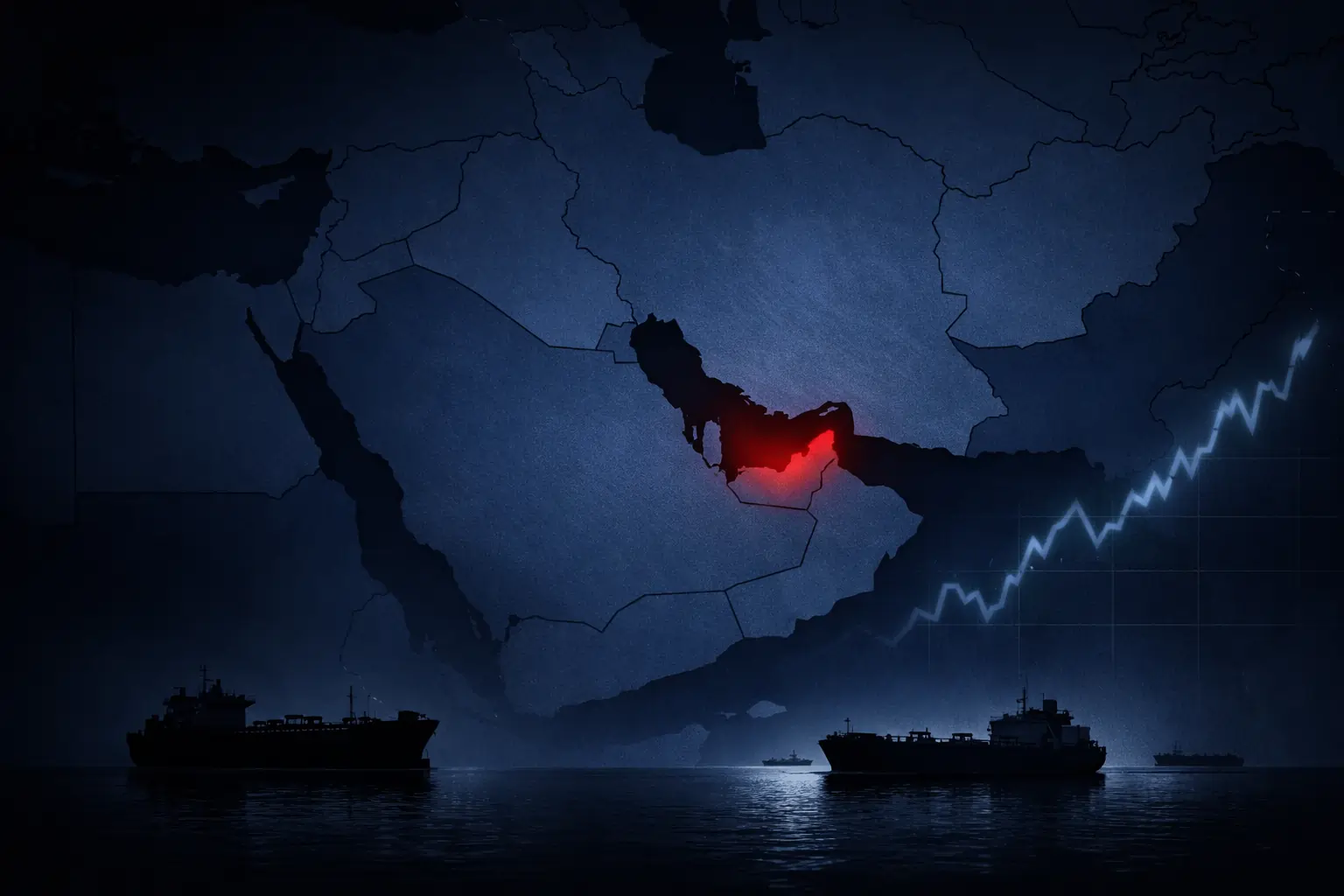 Strait of Hormuz crisis illustration with oil tankers and rising energy market signals.